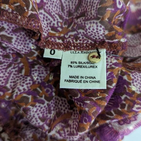 ULLA JOHNSON Elita Ruffle Long Sleeve Blouse Claret Patchwork Size 0 XS Preowned - Picture 9 of 15